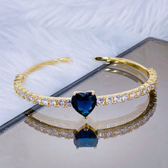 Heart Love Blue Cubic Zirconia 18K Gold Copper Bangle Cuff For Women