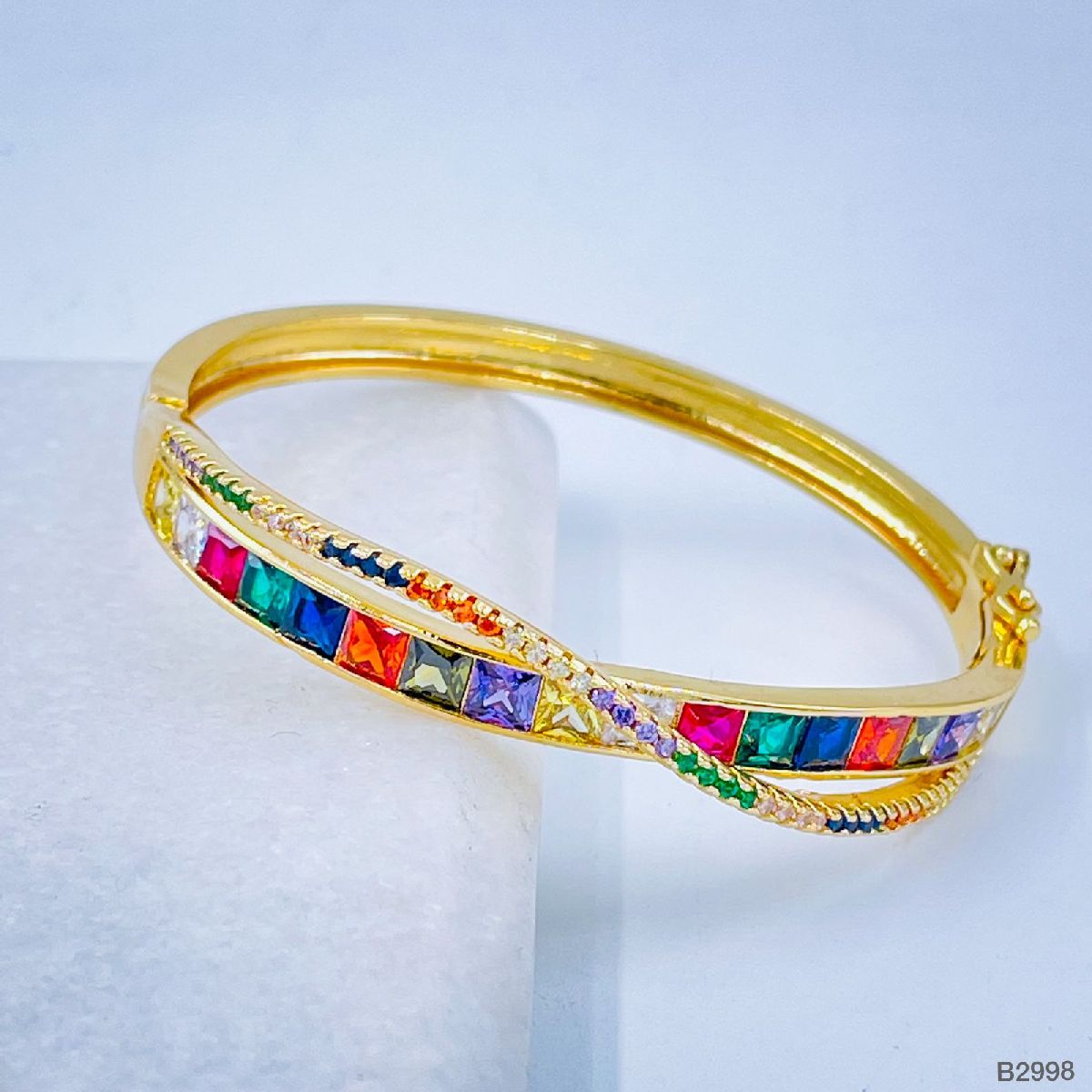 rainbow Princess Cut Cubic Zirconia Crystal Copper Gold bangle Kada Women