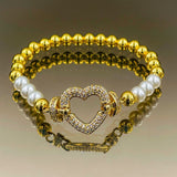 Heart Love Pearl Cubic Zirconia 18K Gold Beads Bracelet for Women