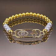 Evil Eye Hamsa 18K Gold Copper Pearl Stretchable Bracelet for Women