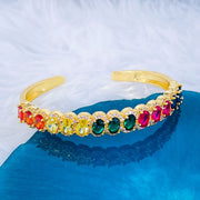Rainbow Multi Color Oval Cubic Zirconia 18K Gold Cuff Kada Bracelet for Women