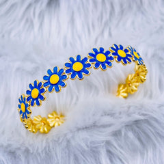 Multi Color Daisy Flower Enamel 18K Gold Copper Bangle Cuff for Women