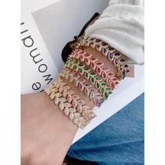 Floral Leaf Ruby Red Cubic Zirconia 18K Gold Anti Tarnish Copper Cuff Kada for Women