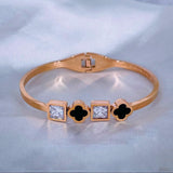 Black Clover Cubic Zirconia 18K Rose Gold Stainless Steel Kada for Women