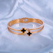 Black Dual Clover Flower Cubic Zirconia 18K Rose Gold Stainless Steel Kada for Women