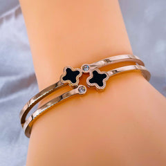 Black Dual Clover Flower CZ 18K Rose Gold Stainless Steel Kada