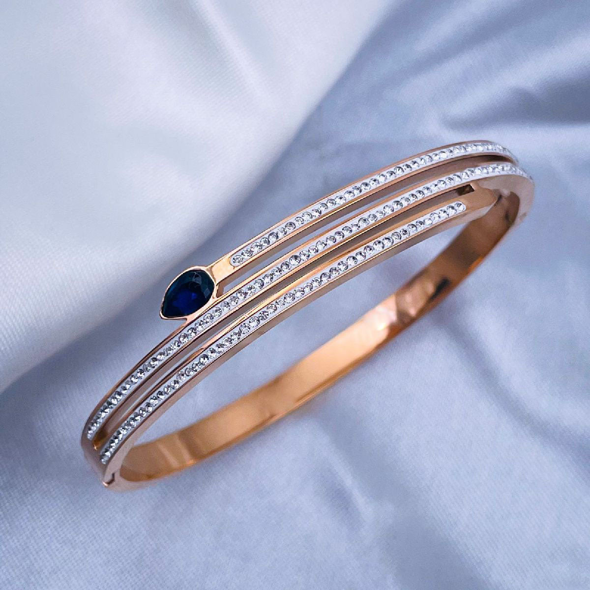 Sapphire Blue Cubic Zirconia 18K Rose Gold Stainless Steel Openable Kada for Women