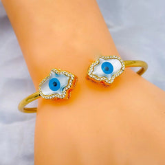 Hamsa Hand Of Fathima Evil Eye Mother Of Pearl Gold Cuff Bangle