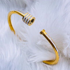 Studded Lock Cubic Zirconia 18K Gold Stainless Steel Openable Kada Bangle for Women