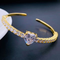 Heart Love Blue Cubic Zirconia 18K Gold Copper Bangle Cuff For Women