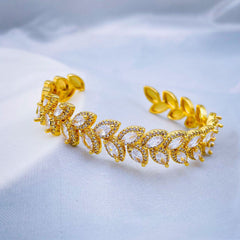 Floral Leaf Ruby Red Cubic Zirconia 18K Gold Anti Tarnish Copper Cuff Kada for Women