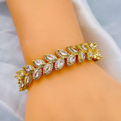 Floral Leaf Ruby Red Cubic Zirconia 18K Gold Anti Tarnish Copper Cuff Kada for Women