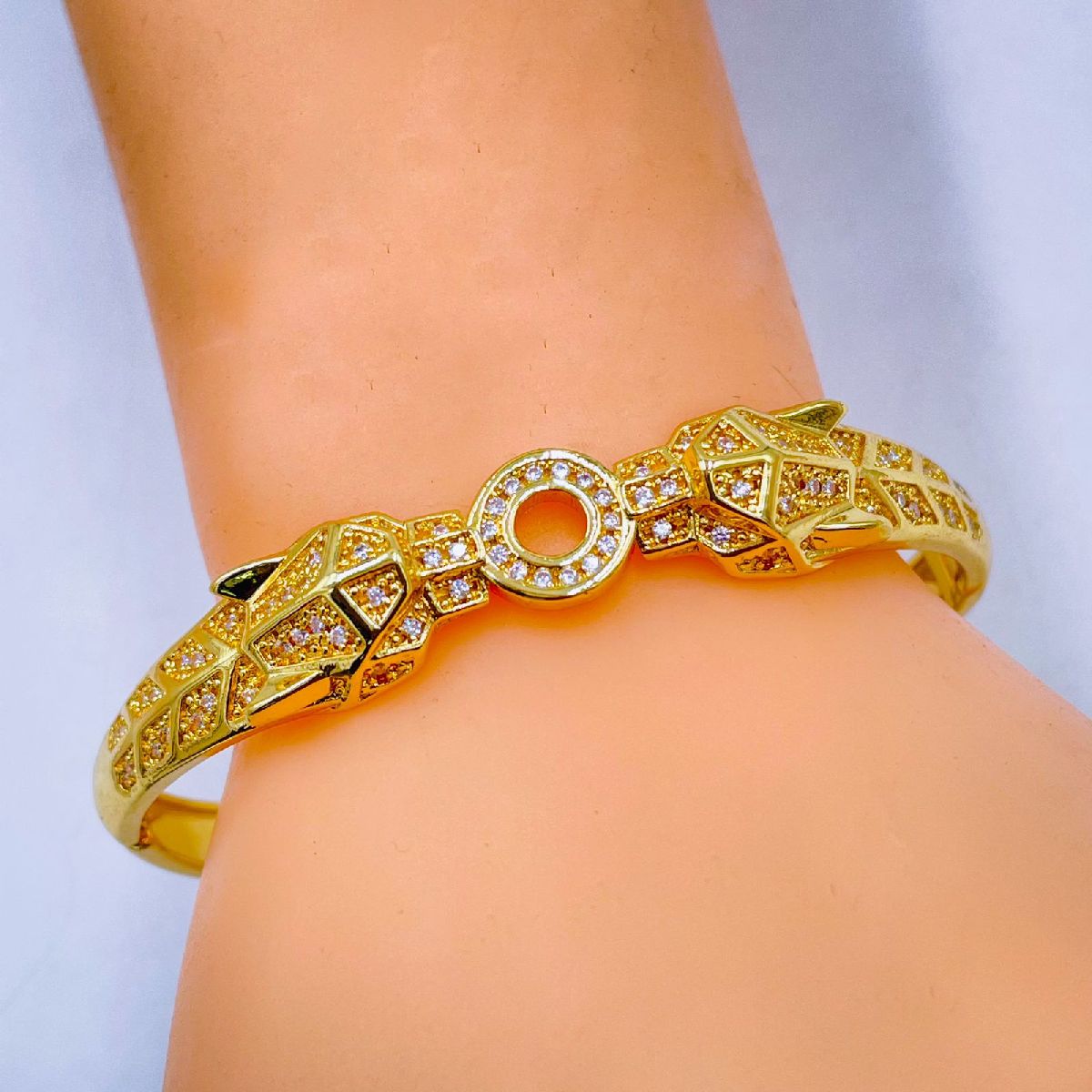 Dual Panther Evil Eye Enamel Cubic Zirconia Copper Gold Bangle Kada Women