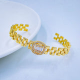Baguette Cubic Zirconia 18K Gold Watch Belt Copper Cuff Bangle For Women