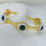 Multi Colour White 5 Evil Eyes 18K Gold Copper Cuff Bangle Bracelet For Women