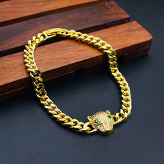 Panther Green Eye 18K Gold Cubic zircuia Copper Curb Chain Bracelet for Women