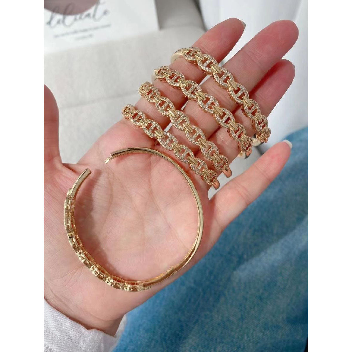 Link Chain Cubic Zirconia 18K Gold Anti Tarnish Openable Kada Bracelet for Women
