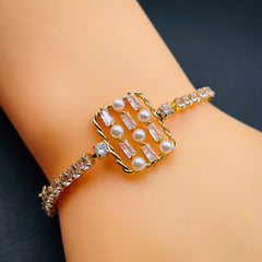 Pearl Baguette Cubic Zirconia 18K Gold Copper Solitaire Bracelet for Women