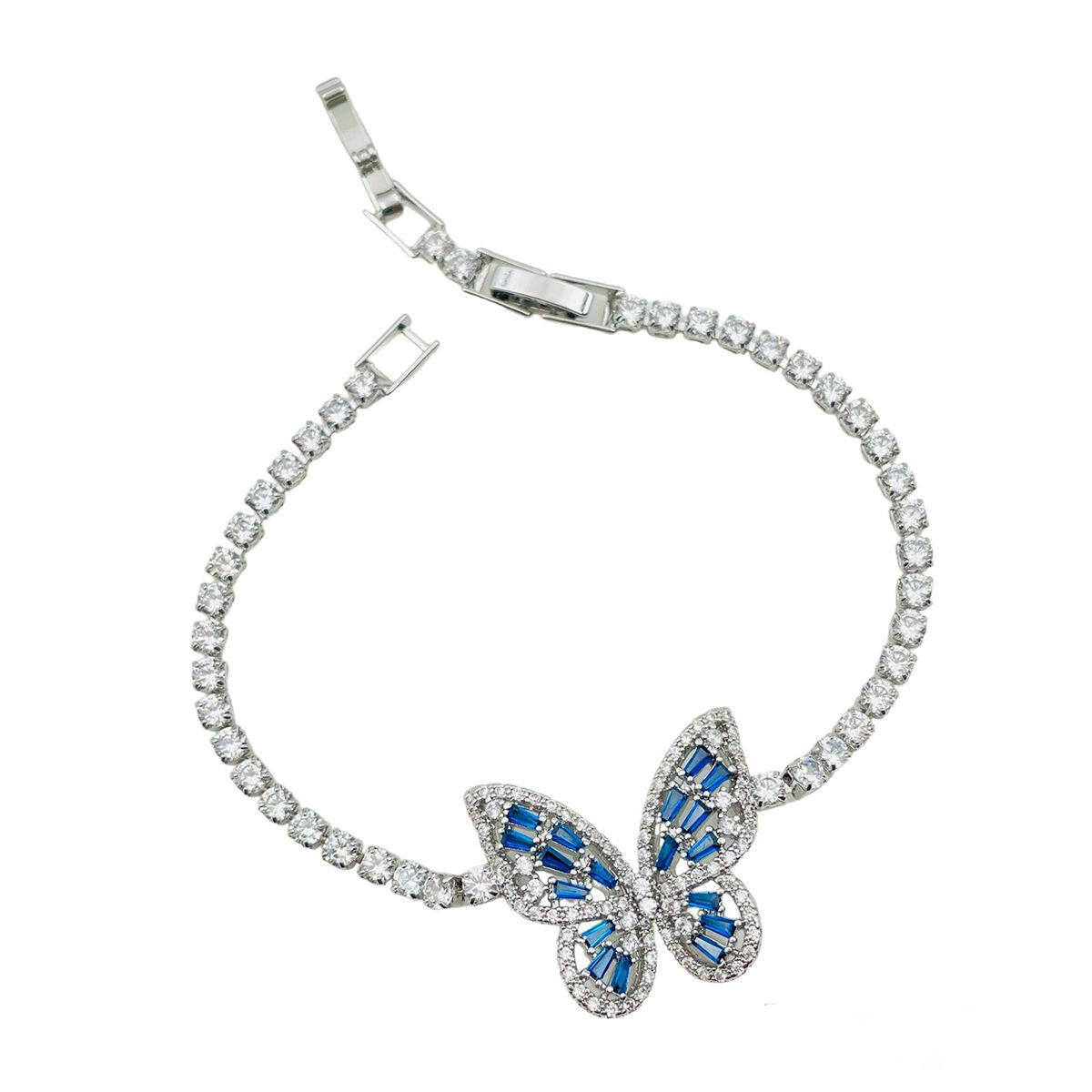 Blue Butterfly Cubic Zirconia Silver Plated Solitaire Bracelet for Women