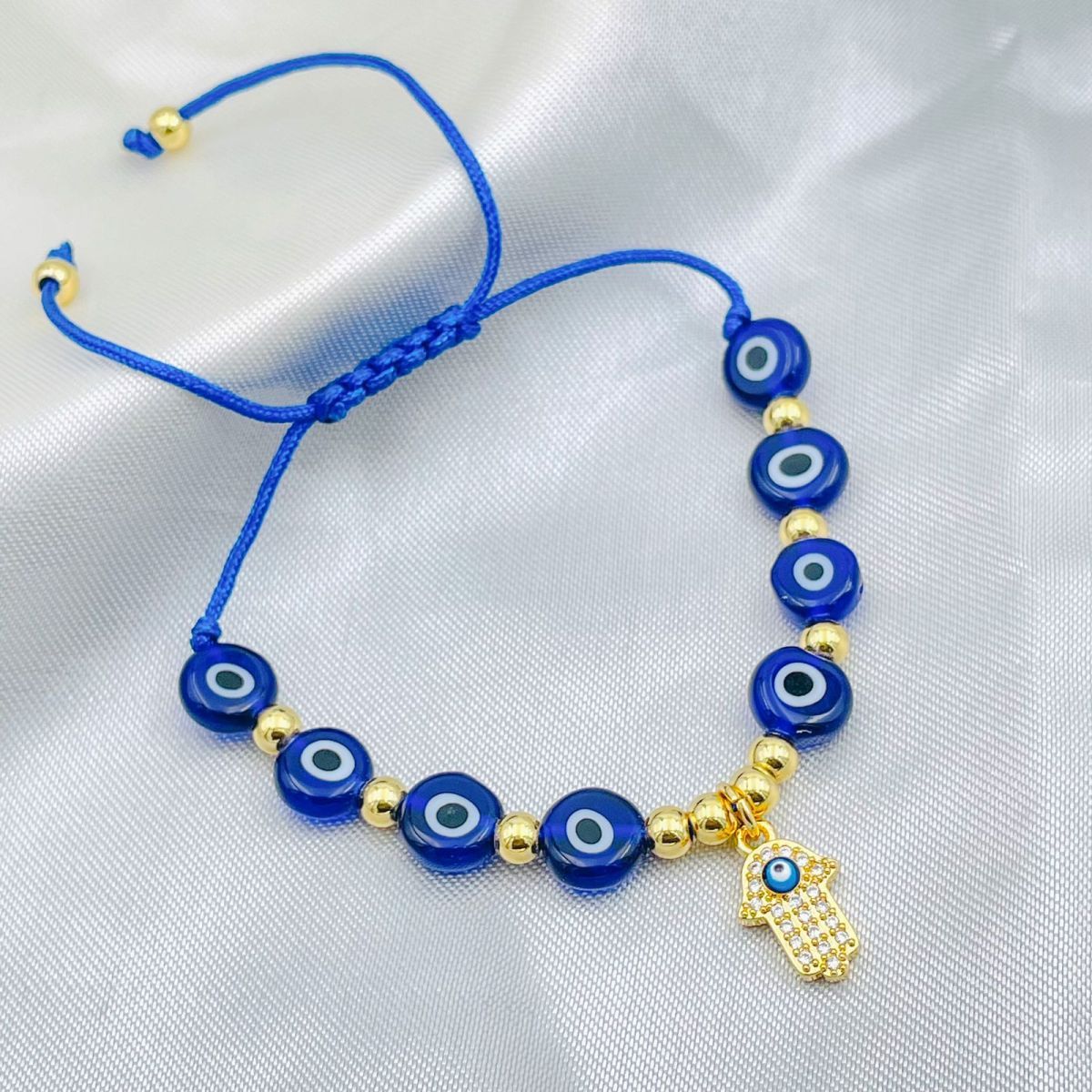 Evil Eye Hamsa Gold Copper Beads Adjustable Thread Bracelet for Girls