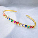 Rainbow Love Heart Multi Color Cubic Zirconia 18K Gold Cuff Bangle for Women