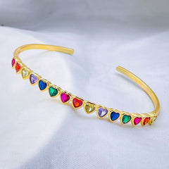 Rainbow Love Heart Multi Color Cubic Zirconia 18K Gold Cuff Bangle for Women
