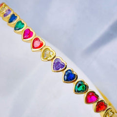 Rainbow Love Heart Multi Color Cubic Zirconia 18K Gold Cuff Bangle for Women