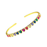 Rainbow Love Heart Multi Color Cubic Zirconia 18K Gold Cuff Bangle for Women