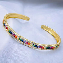 Rainbow Multi Color Invisible Setting Cubic Zirconia 18K Gold Cuff Bangle Women