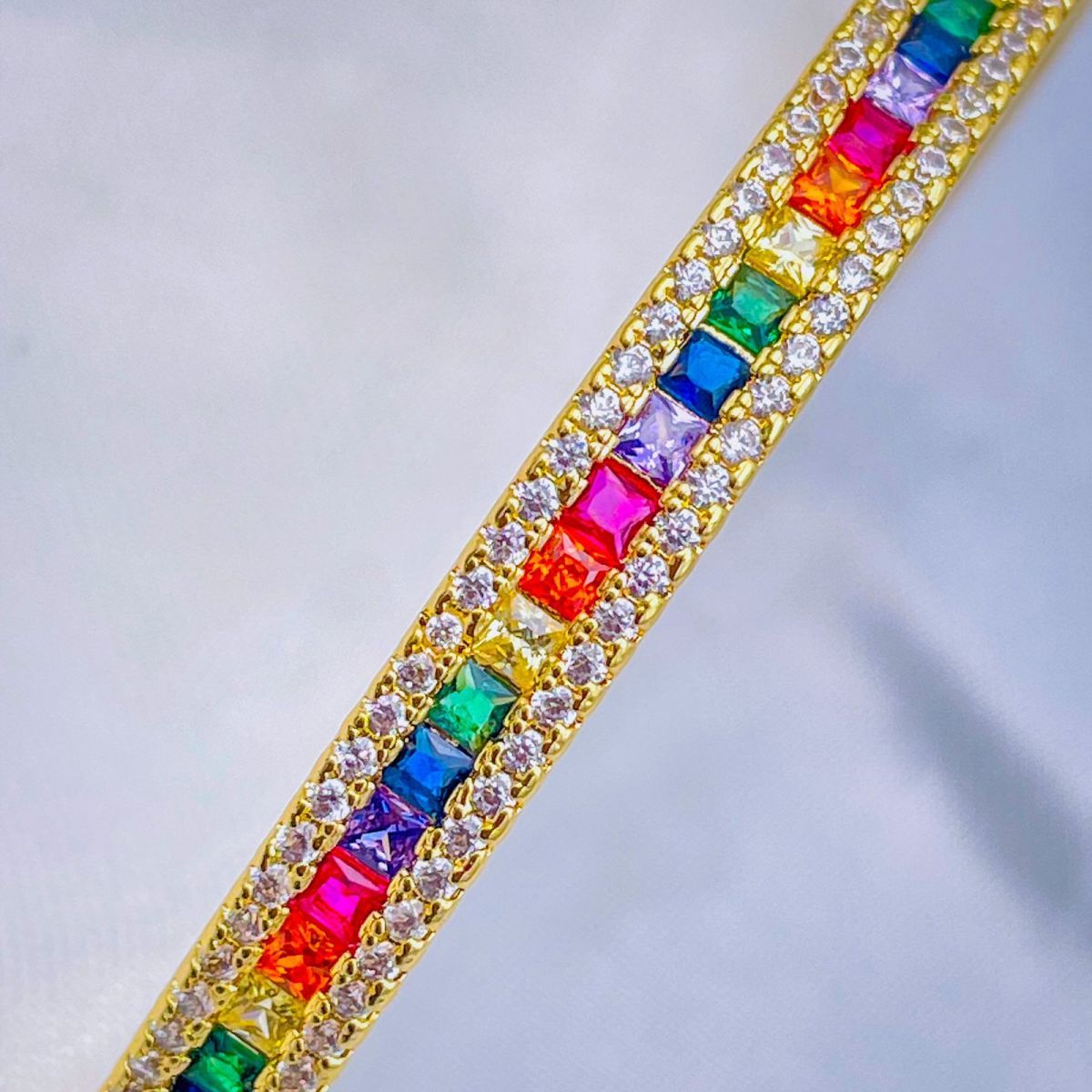 Rainbow Multi Color Invisible Setting Cubic Zirconia 18K Gold Cuff Bangle Women