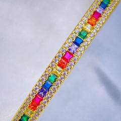 Rainbow Multi Color Invisible Setting Cubic Zirconia 18K Gold Cuff Bangle Women