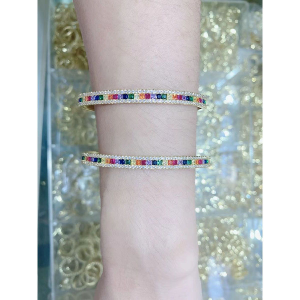 Rainbow Multi Color Invisible Setting Cubic Zirconia 18K Gold Cuff Bangle Women