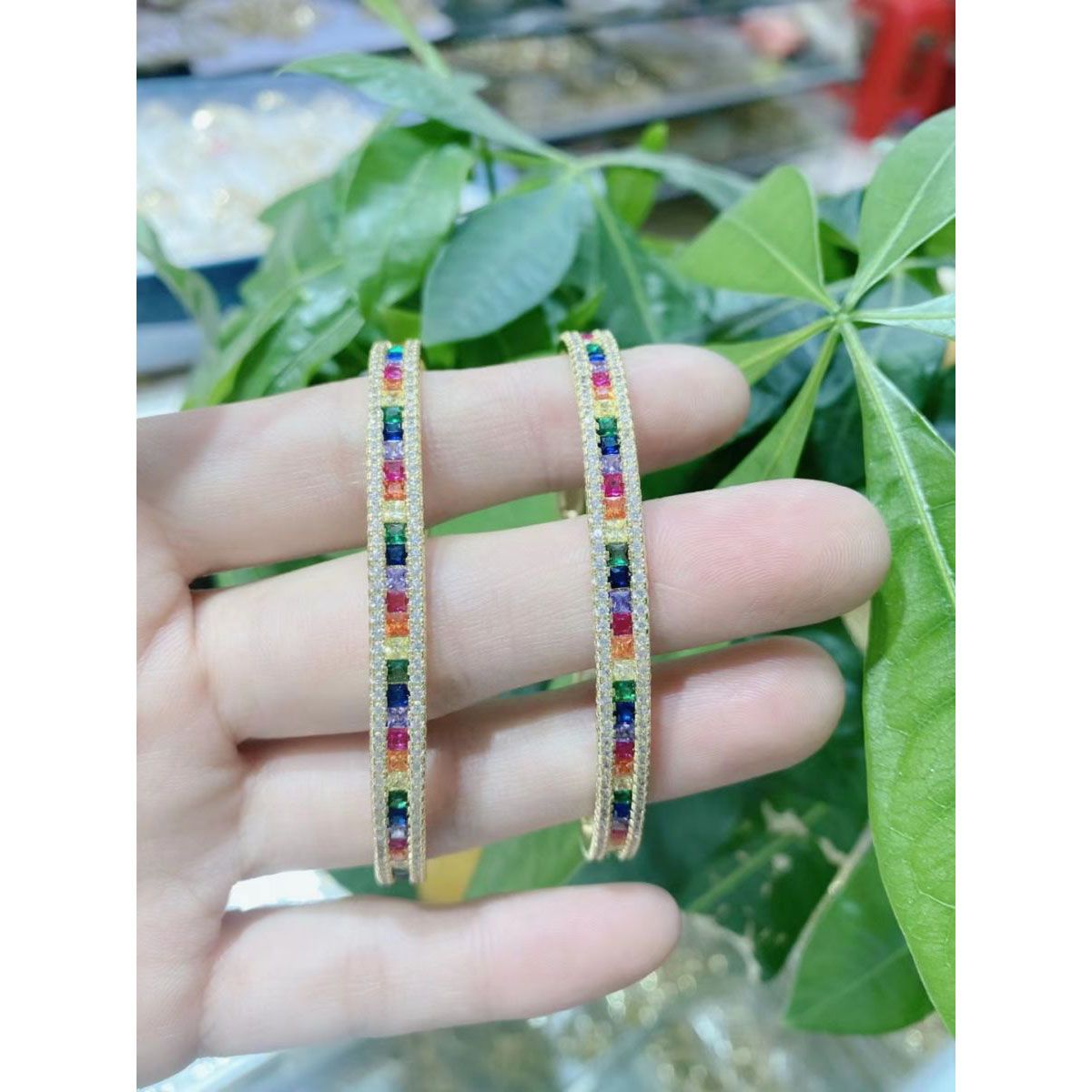 Rainbow Multi Color Invisible Setting Cubic Zirconia 18K Gold Cuff Bangle Women