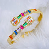 Rainbow Multi Color Dual Band Cubic Zirconia 18K Gold Kada Bangle for Women