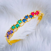 Rainbow Multi Color Princess Baguette 18K Gold Openable Kada Bangle for Women