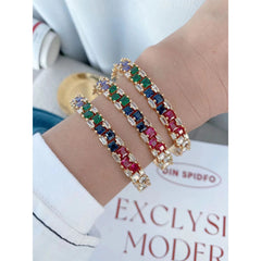 Rainbow Multi Color Princess Baguette 18K Gold Openable Kada Bangle for Women