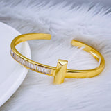 Luxury Invisible Setting Baguette Copper 18K Gold Cuff Bangle for Women