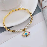 Evil Eye Pearl Beads Crystal Copper 18K Gold Bracelet for Women