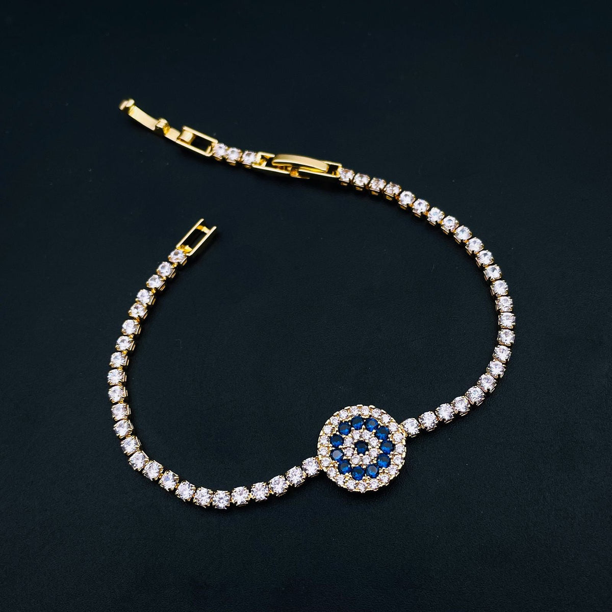 Evil Eye Blue Cubic Zirconia 18K Gold Copper Solitaire Bracelet For Women