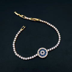 Evil Eye Blue Cubic Zirconia 18K Gold Copper Solitaire Bracelet For Women