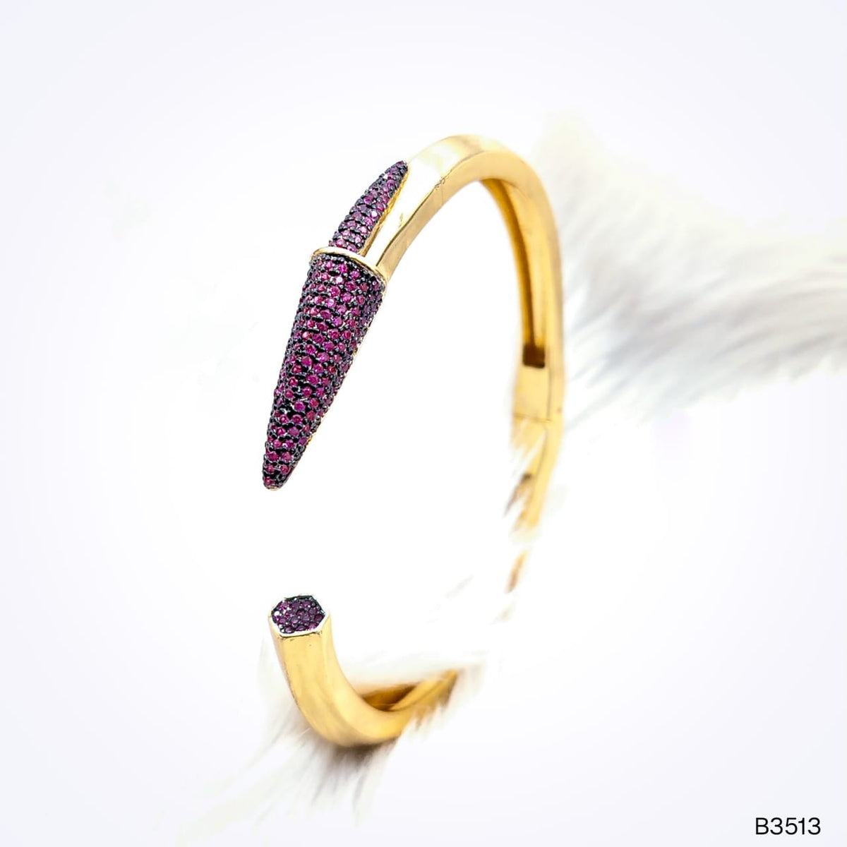 Dark Pink Nail 3D Cubic Zirconia Glossy 18K Gold Cuff Kada Bracelet For Women