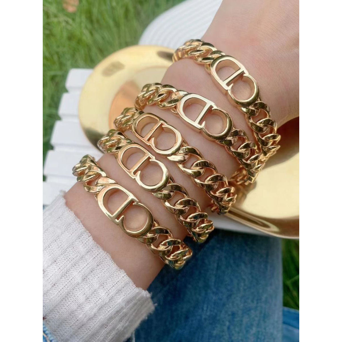 CD Curb 18K Gold Copper Glossy Cuff Bangle for Women