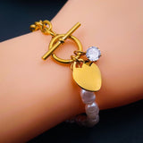 Heart Love Solitaire Pearl Links Toggle Clasp 18K Gold Stainless Steel Bracelet  Women