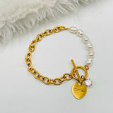 Heart Love Solitaire Pearl Links Toggle Clasp 18K Gold Stainless Steel Bracelet  Women