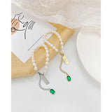 Love Green Emerald Pearl Links Toggle Clasp 18K Gold Stainless Steel Bracelet for Women