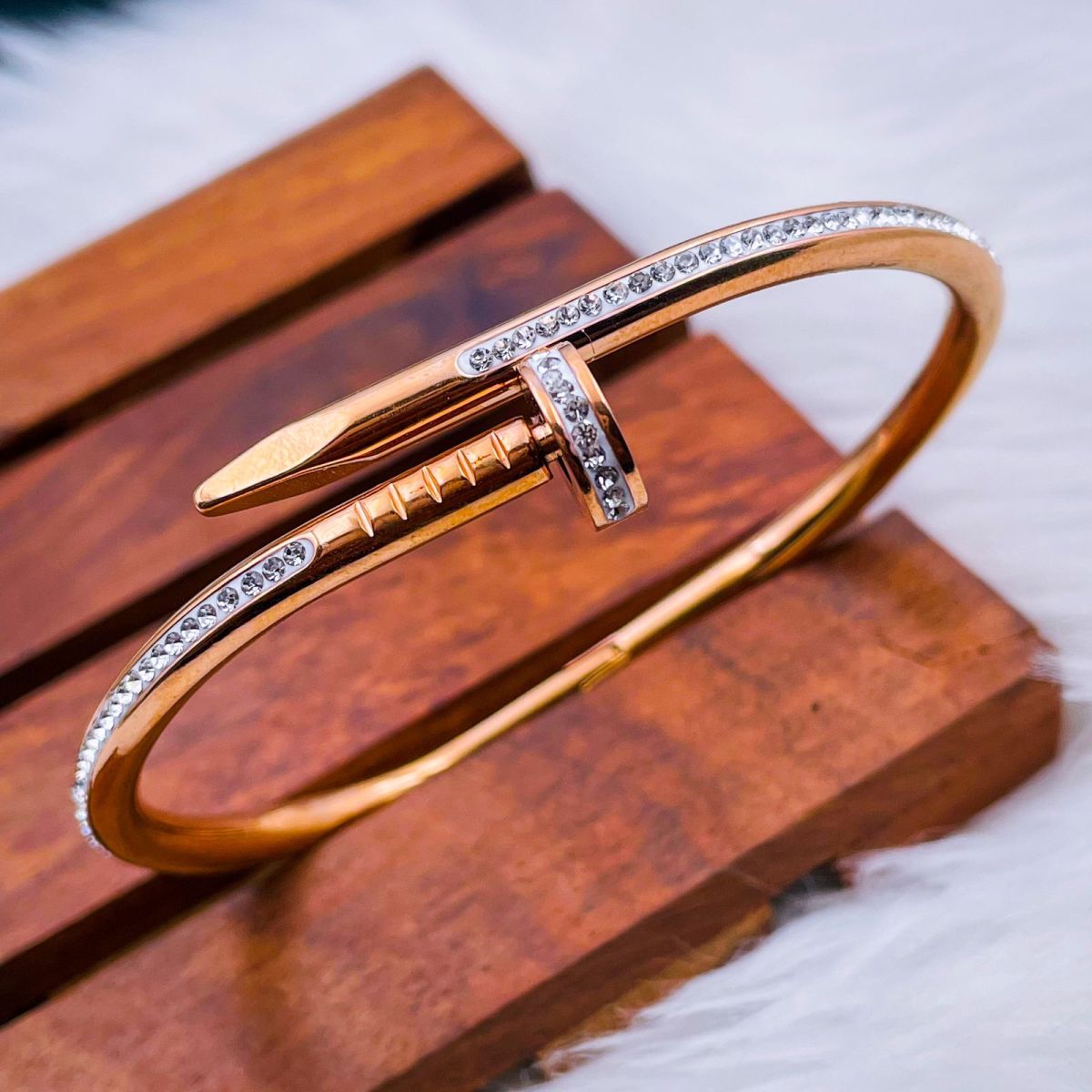 Nail Screw Stainless Steel Cubic Zirconia Rose Gold Openable Bangle Ka –  ZIVOM