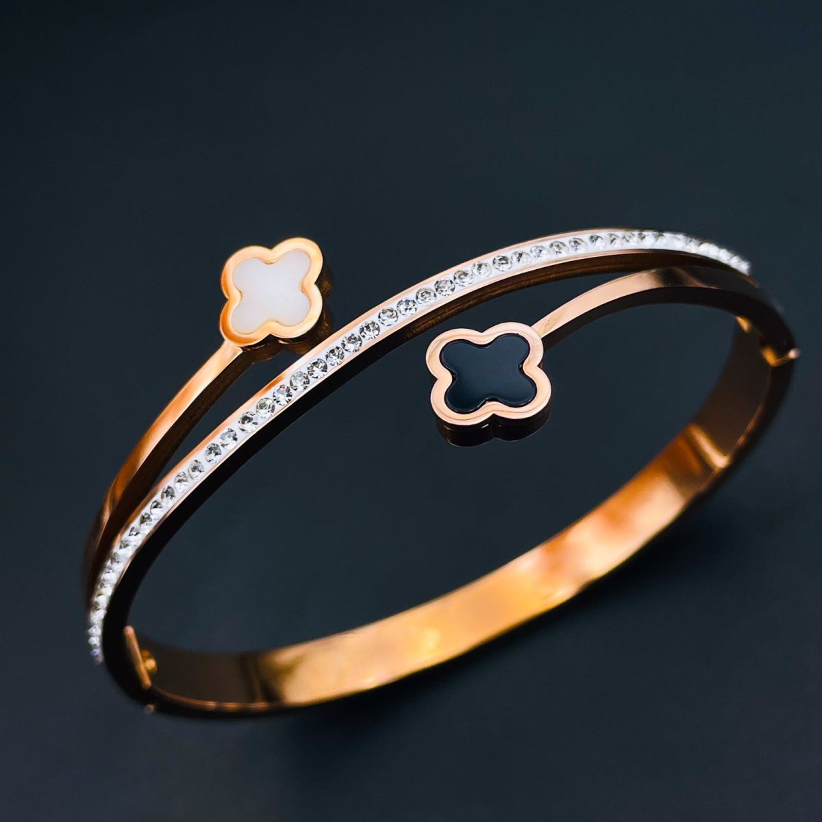 Dual Clover Copper Cubic Zirconia Mother Of Pearl Rose Gold Openable Bangle Kada Women