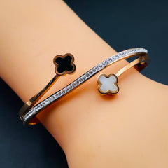 Dual Clover Copper Cubic Zirconia Mother Of Pearl Rose Gold Openable Bangle Kada Women