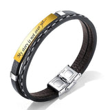 Stainless Steel Gold Black Customized Personalised Laser Engraved Leather Wrist Band ID Bracelet Men