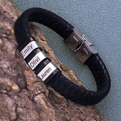 Rope Stainless Steel Silver Black Customized Personalised Laser Engraved Wrist Band Leather ID Bracelet For Men